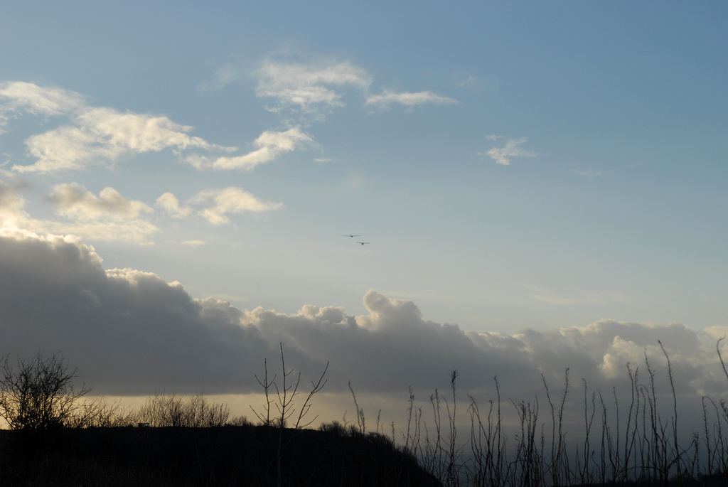 Plane and glider taking off into the sun"